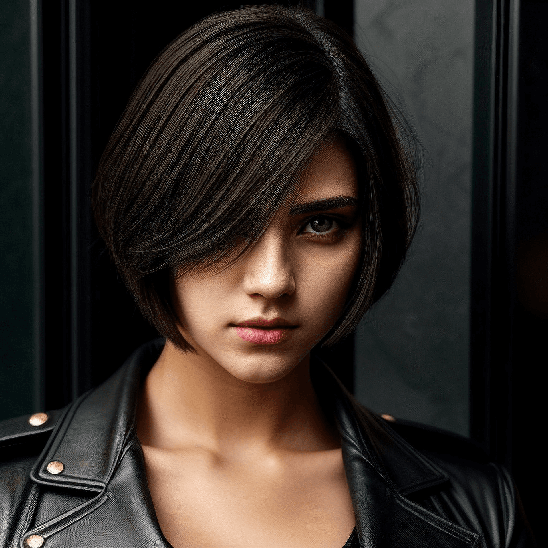 AI generated: Woman, cyberpunk, building exterior, glass window, city background, building, Realistic, beautiful l...
