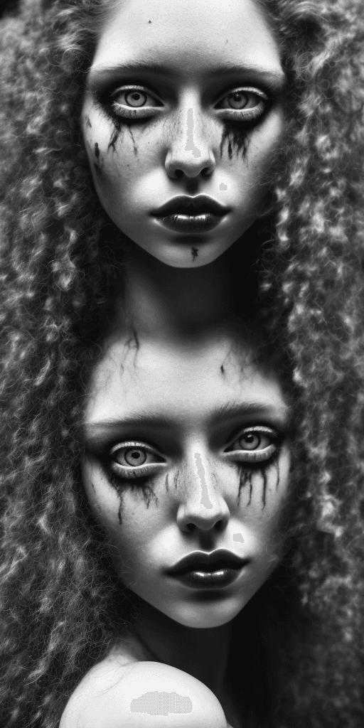 AI generated: black and white, grunge style photograph of ginger female instagram model face extreem close up, bea...