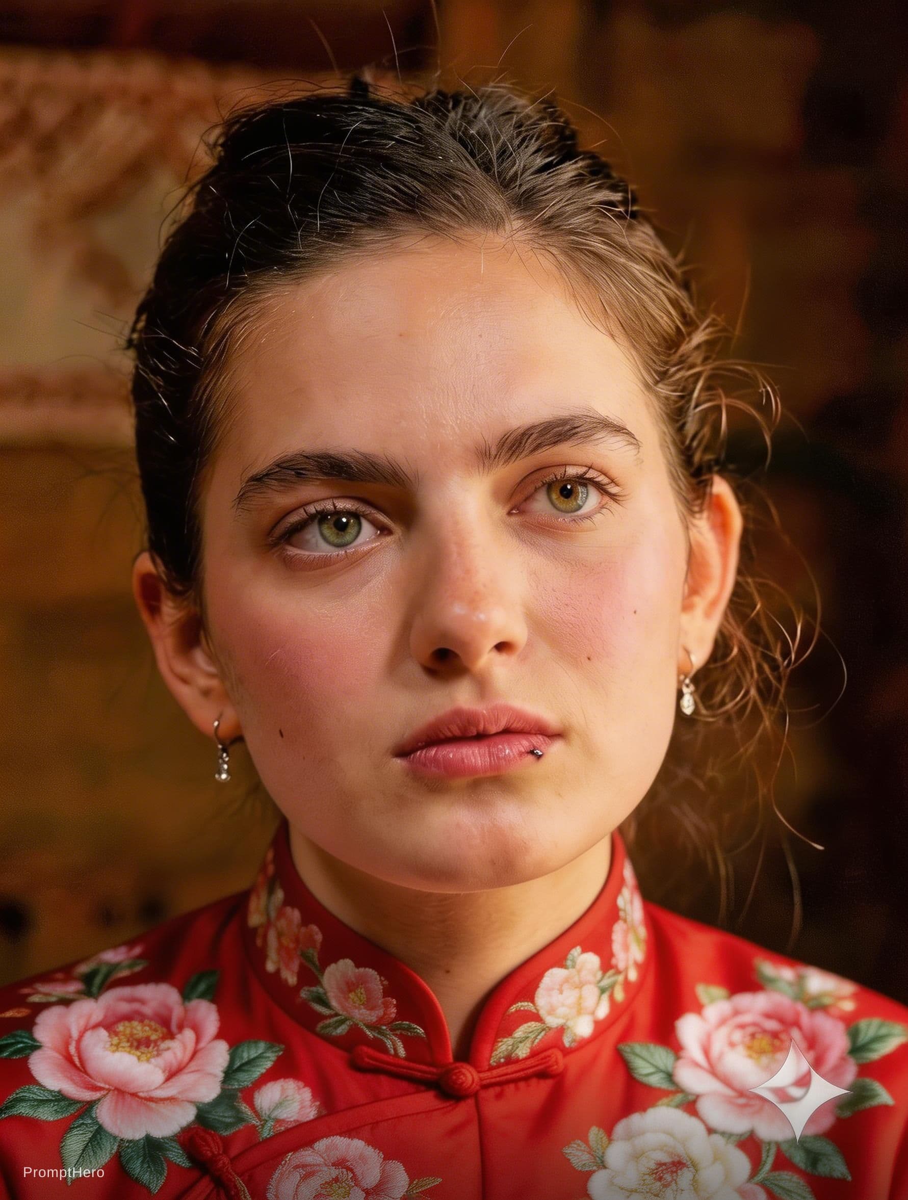 AI generated: chinese red blouse, in the style of dreamy and romantic compositions, floral explosions --ar 24:37 -...