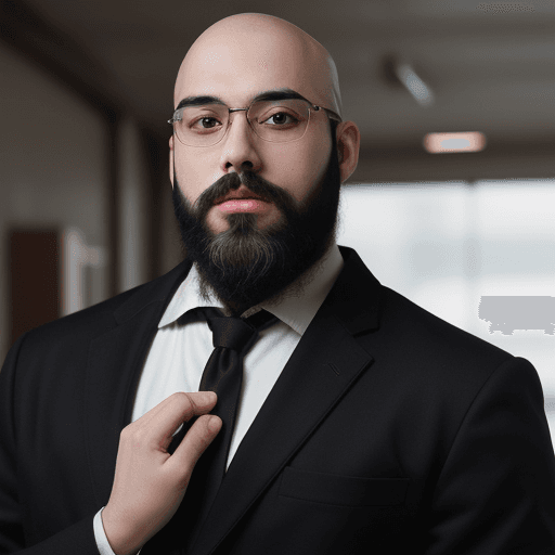 AI generated: portrait of a quasi bald bearded man with black beard wearing a work suit and holding a piece of ele...
