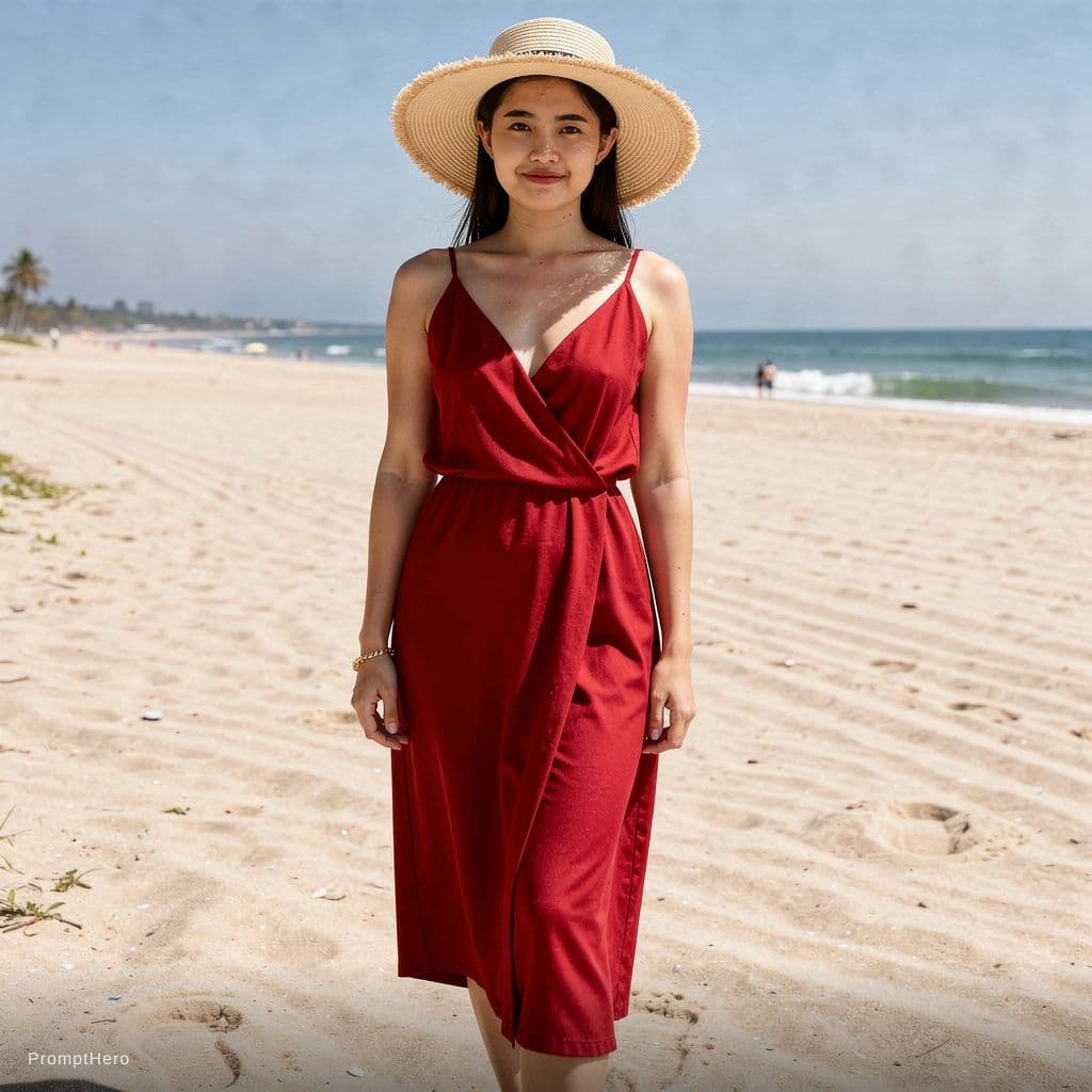 AI generated: a woman in a red bikini and a straw hat, red bikini, in a bikini, sling bikini, in bikini, cute biki...