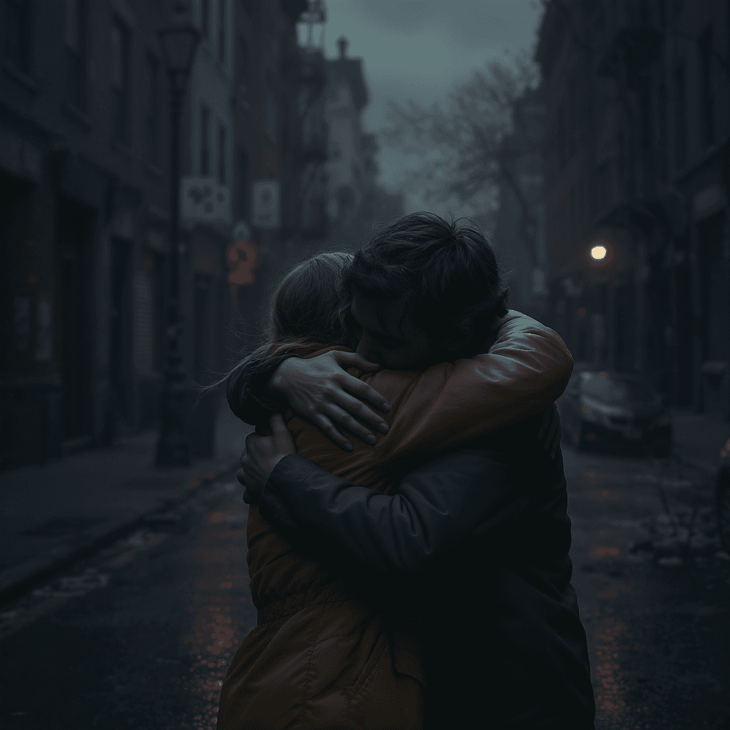 AI generated: Create a highly stylized 3D render of two siblings embracing tightly in a dimly lit, empty NYC stree...