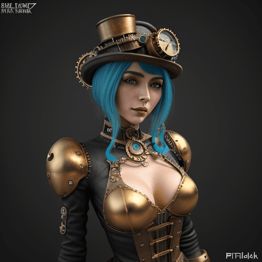 AI generated: 3d image of a steampunk woman, in the style of bella kotak, gold and cyan, photorealistic detail, da...