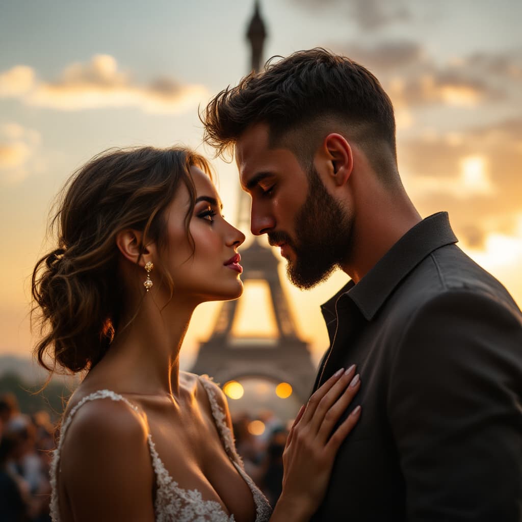AI generated: A rare man and his fiancée standing in front of the Eiffel Tower in Paris, gazing deeply into each o...