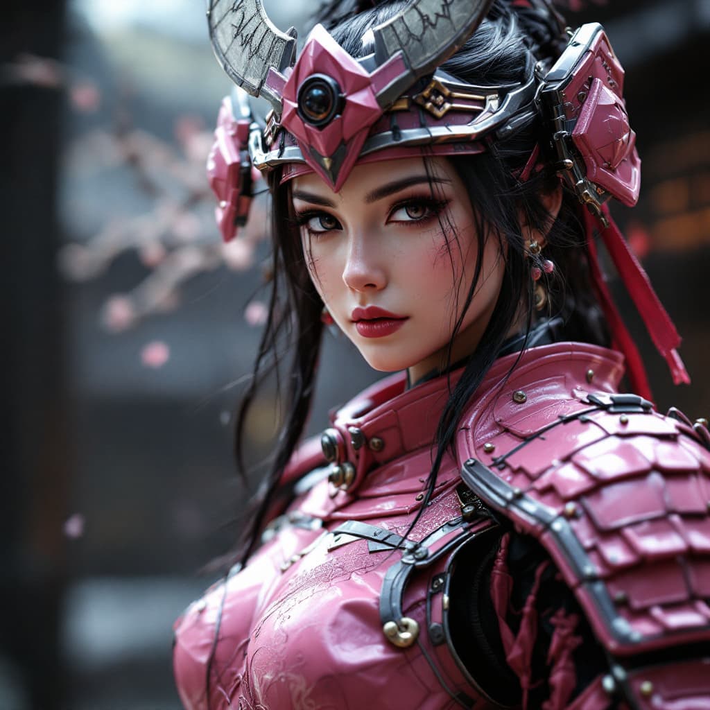 AI generated: 3d render, a women wearing pink samurai armours, close-up shot --ar 9:16 --ar style raw