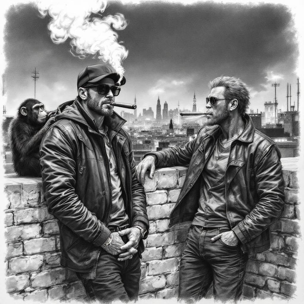 AI generated: *A highly detailed pencil sketch of two equally tall and confident men standing on a rooftop at nigh...