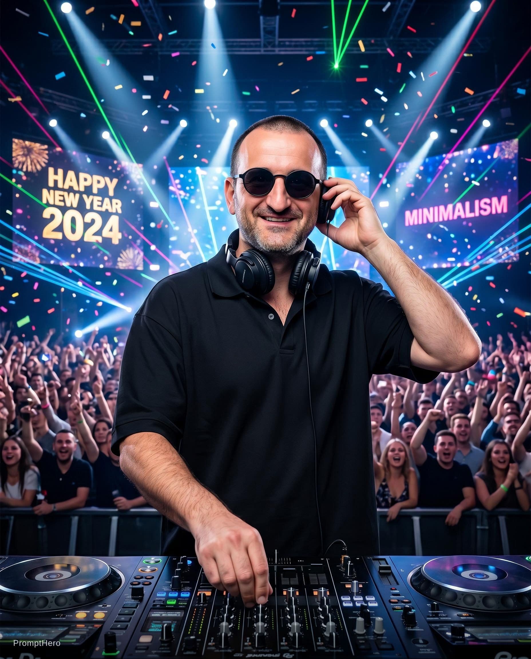 AI generated: Ultra-realistic 8K cinematic DJ performance shot, hyper-detailed, photorealistic, professional live ...