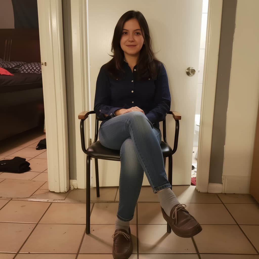 AI generated: Use this girl sitting down with her barefeet in front. Make sure you can see her entire bare feet