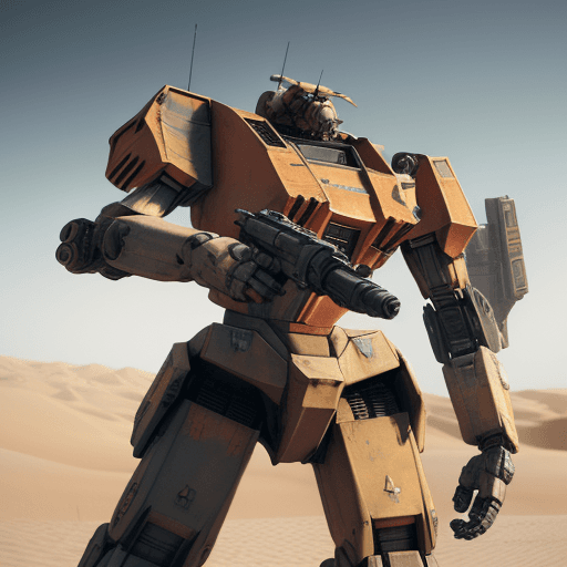 AI generated: mechwarrior with driver ,in desert,machinegun in right hand,t symmetrical artwork. cinematic, hyper ...