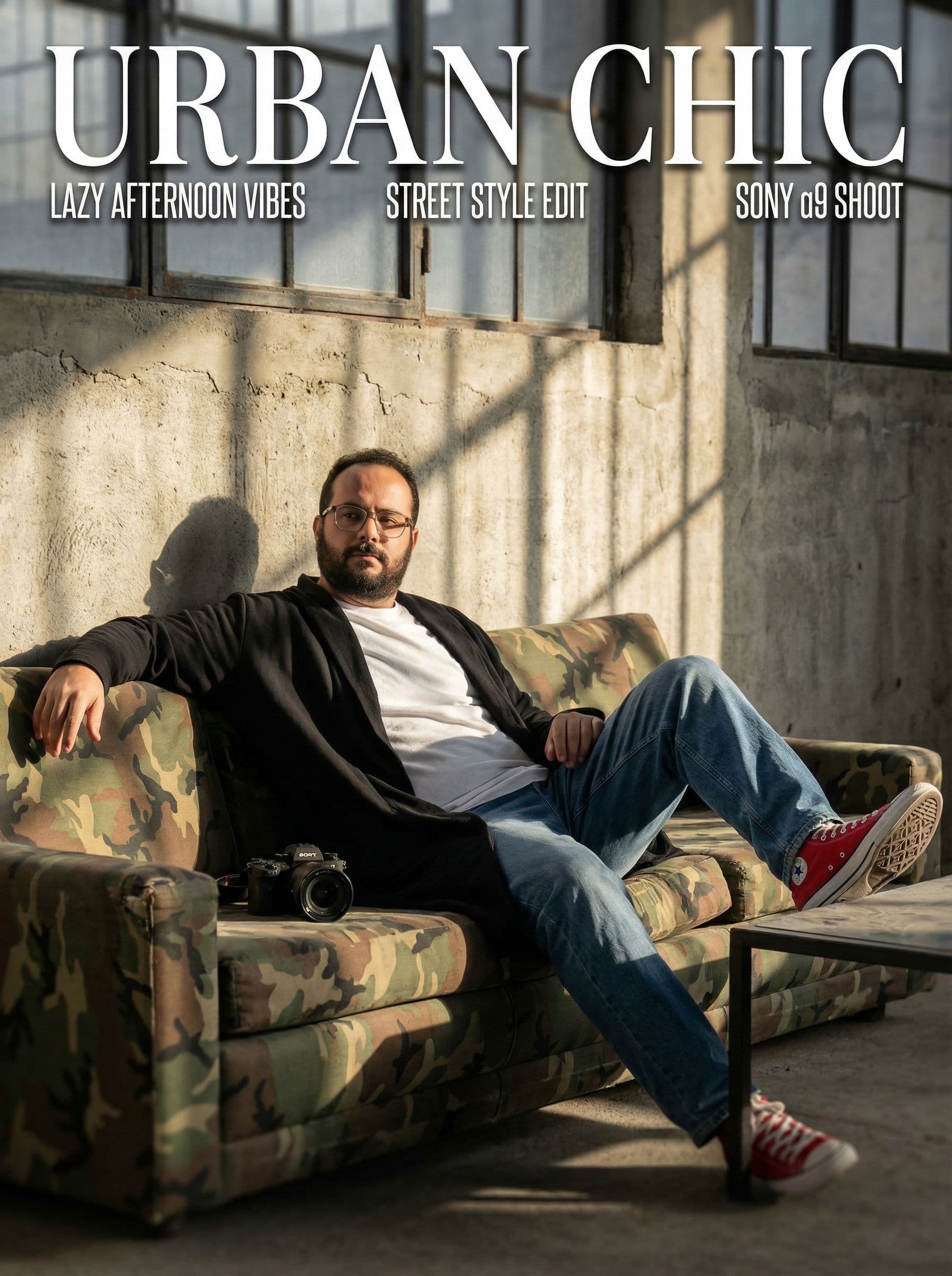 AI generated: photography, magazine cover, tilt shot, male model lounging on a worn camouflage sofa, casually dres...