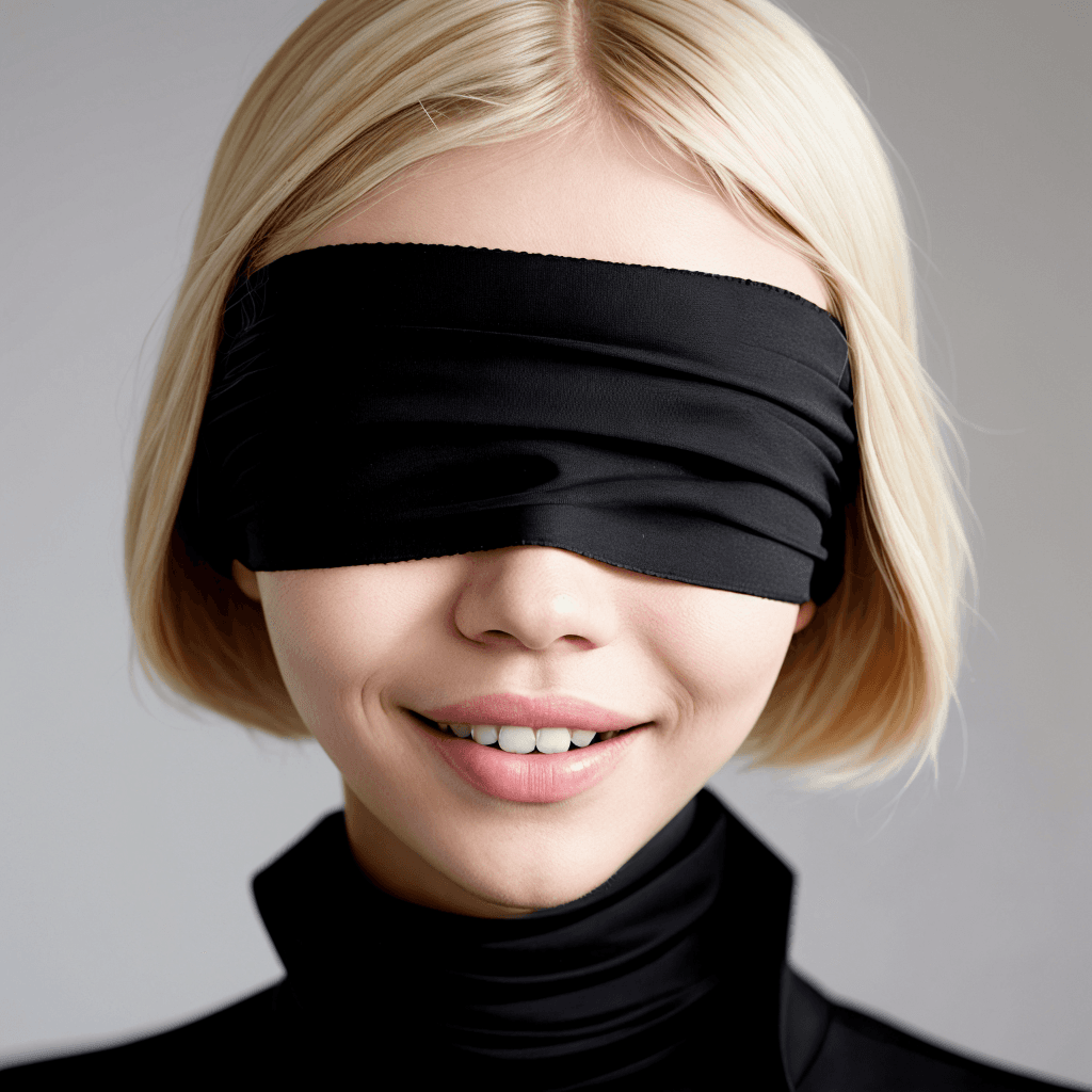 AI generated: blindfold 2b girl [(blonde fashion model sasha luss):0.15] shy smirk [sadistic smile:0.5]