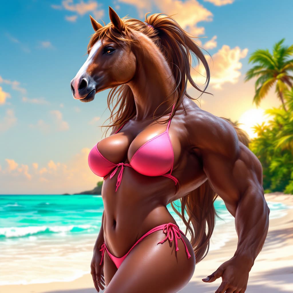 AI generated: centaur female with a plus-size body, large breasts, wearing a short pink bikini, with dark skin and...