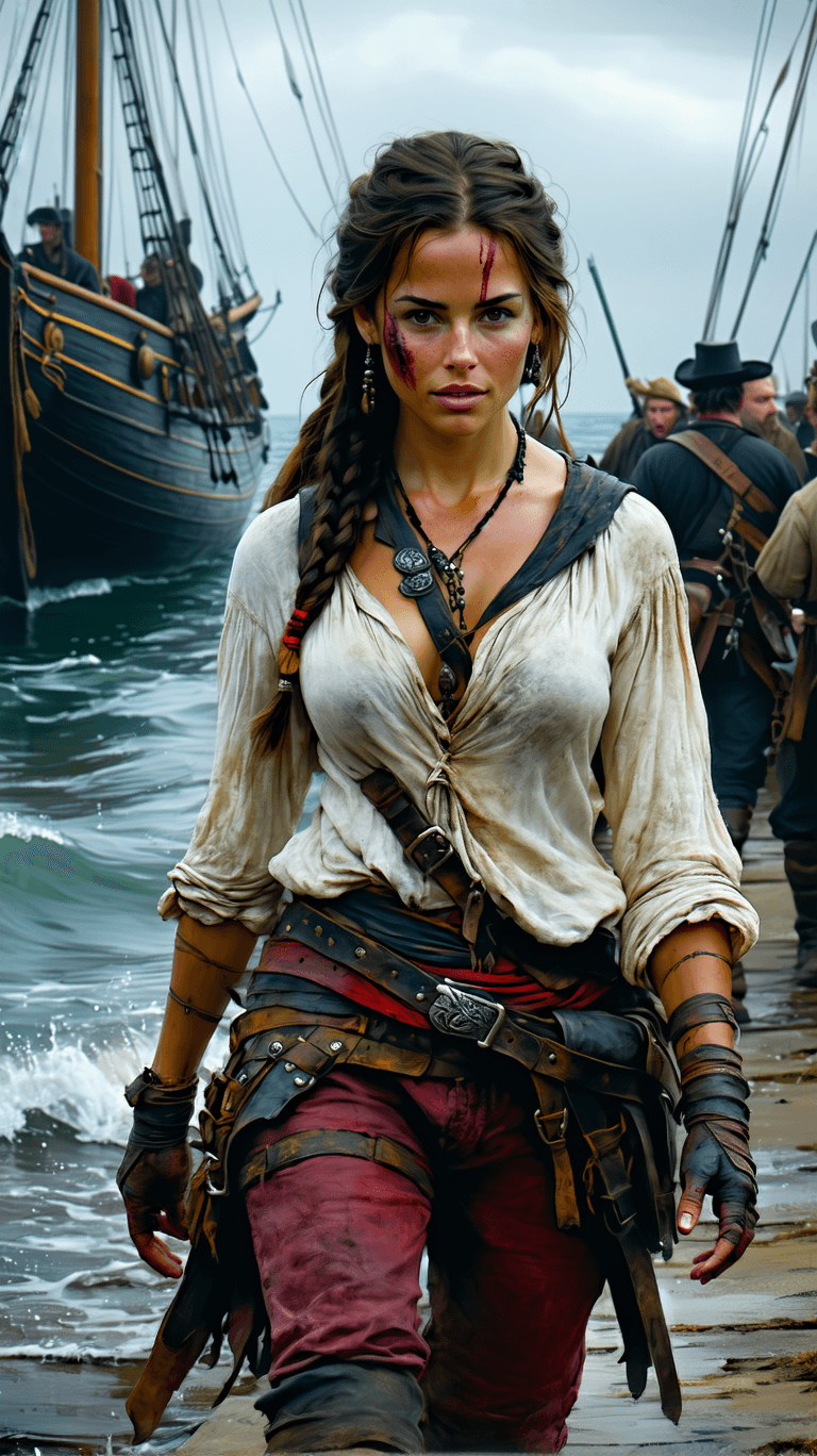 AI generated: Handdrawn, A resilient pirate captain, with weathered skin, a scar on her left breast, a determined ...