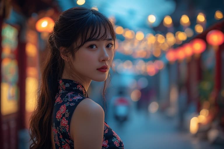 AI generated: asiatic woman, 20s, long hair, wearing an ao dai, in a moonlit street, Tet celebration, close up