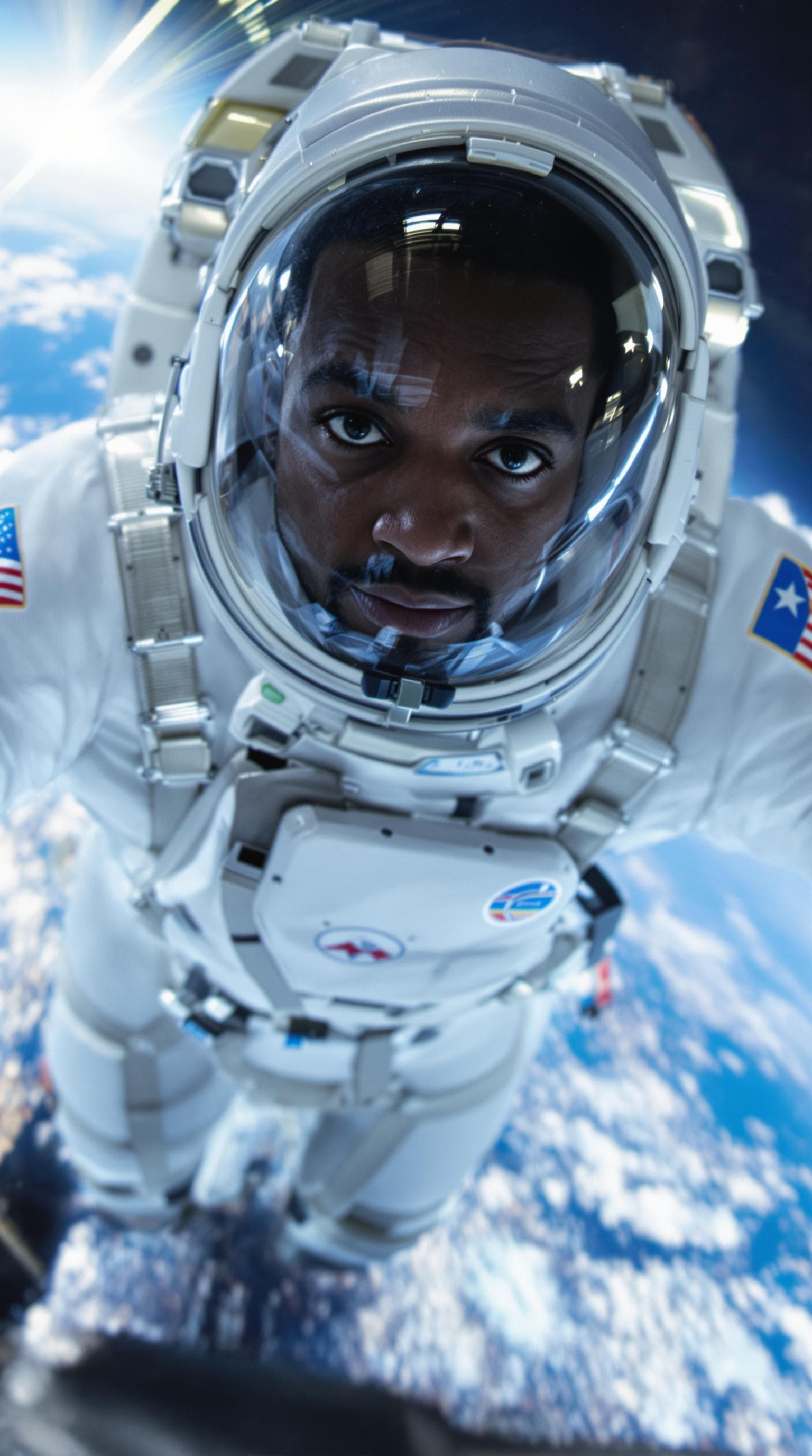 AI generated: portrait of dark skinned man, African, Ethiopian, man in space suit floating in space, sharp focus, ...