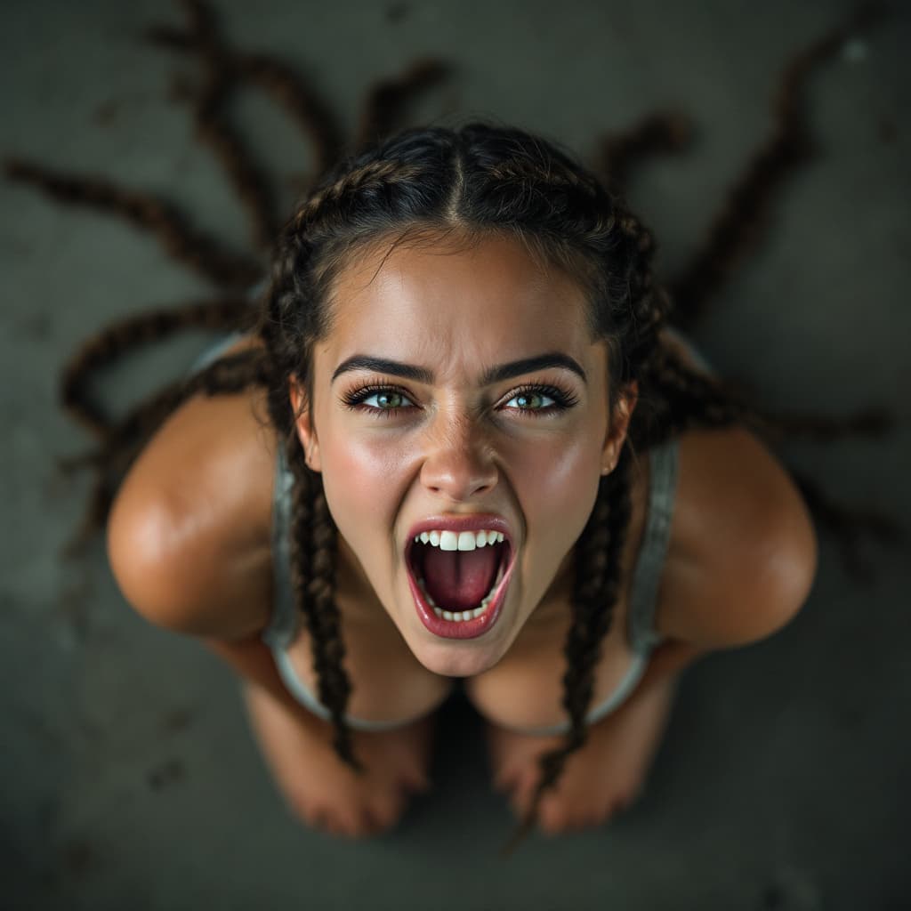 AI generated: women with braids, kneeling on the floor mouth wide open. Top view