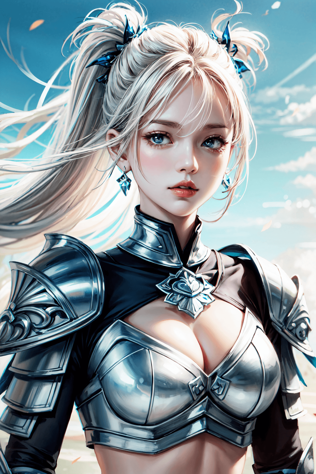 AI generated: white hair, intricate azure armor, detailed gorgeous face, beautiful young South Korean girl, medium...
