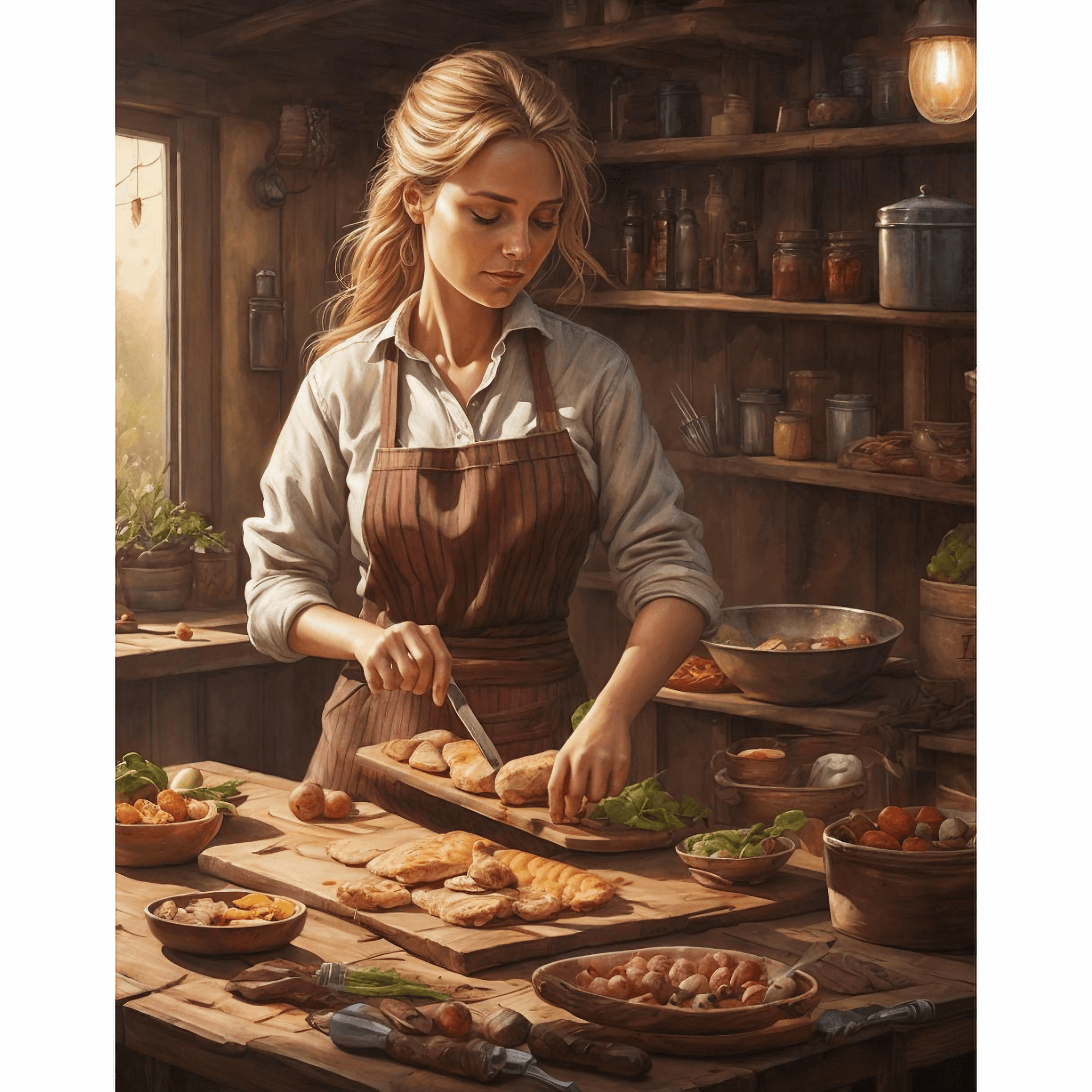 AI generated: woman preparing food on a rustic wooden table, program:: clip studio painting, made by charlie bowat...