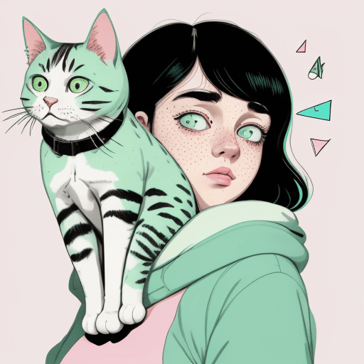 AI generated: An illustration of a quirky girl with black hair, in the style of Flat shading, Gemma Correll, with ...