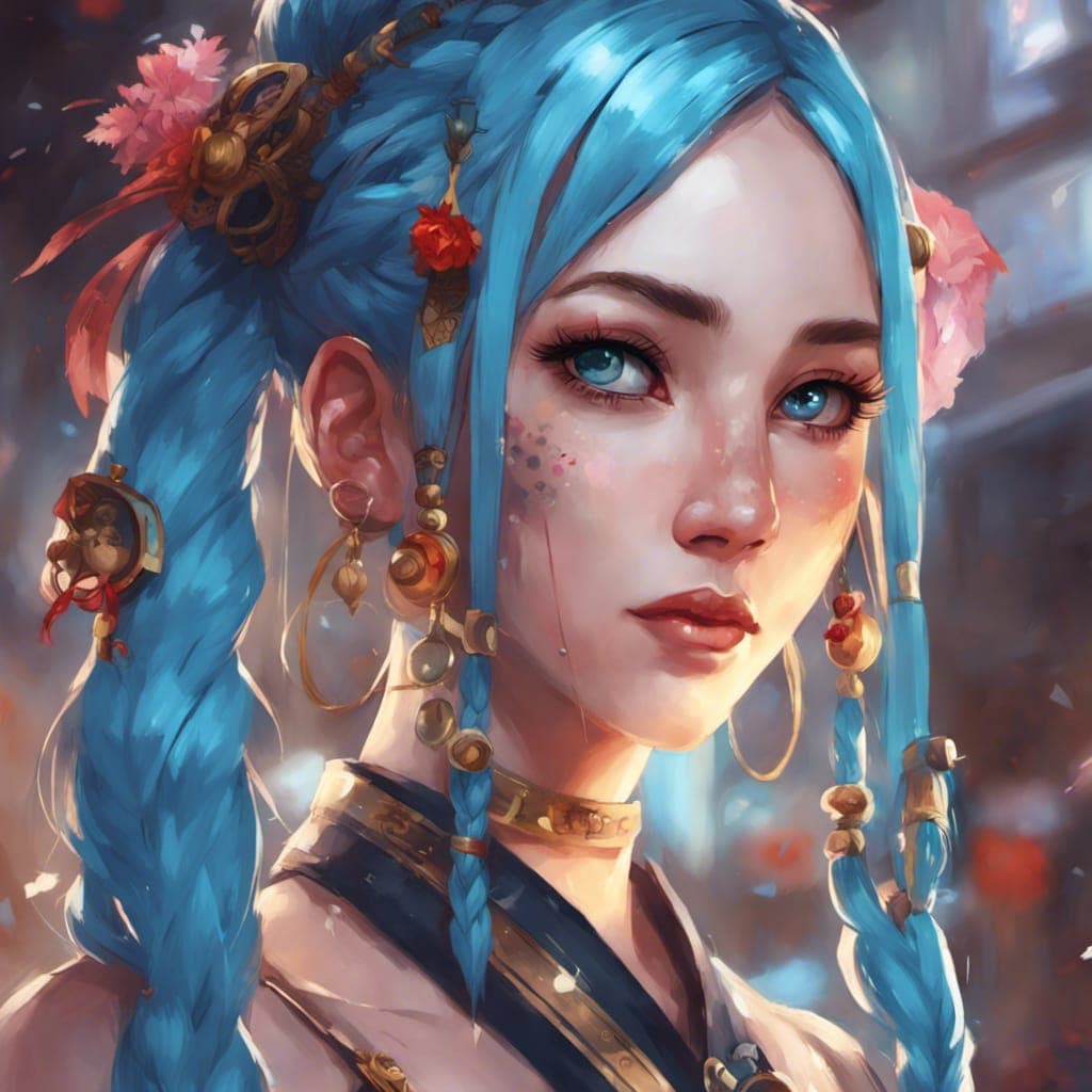 AI generated: jinx from league of legends, long blue pigtail braid hair, decorated with traditional japanese ornam...