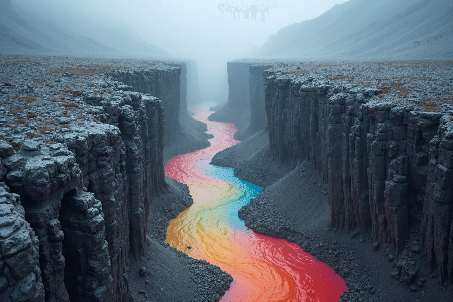 AI generated: In the heart of a desolate, mist-covered canyon, a rainbow-colored waterfall flows eerily in silence...