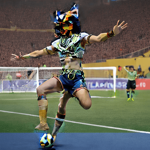 AI generated: egyptian god horus plays soccer and marks a goal