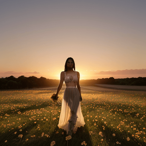 AI generated: A beautiful tanned young woman
stands in a field with flowers at sunset, wearing only
a long, thin...