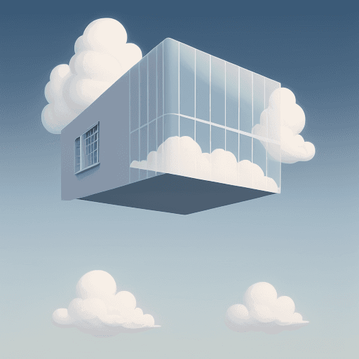 AI generated: Illustration Surrealism Floating sky cloud house with a translucent facade Minimal and clean Dark pa...