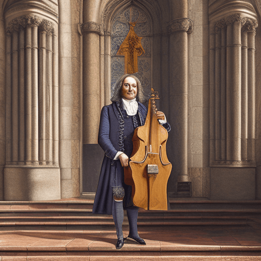 AI generated: oil painting full body portrait of johann sebastian bach in front of the Heiliggeistkirche in Heidel...