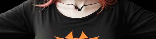 AI generated: Woman wearing a black T-shirt with a Halloween bacKground 