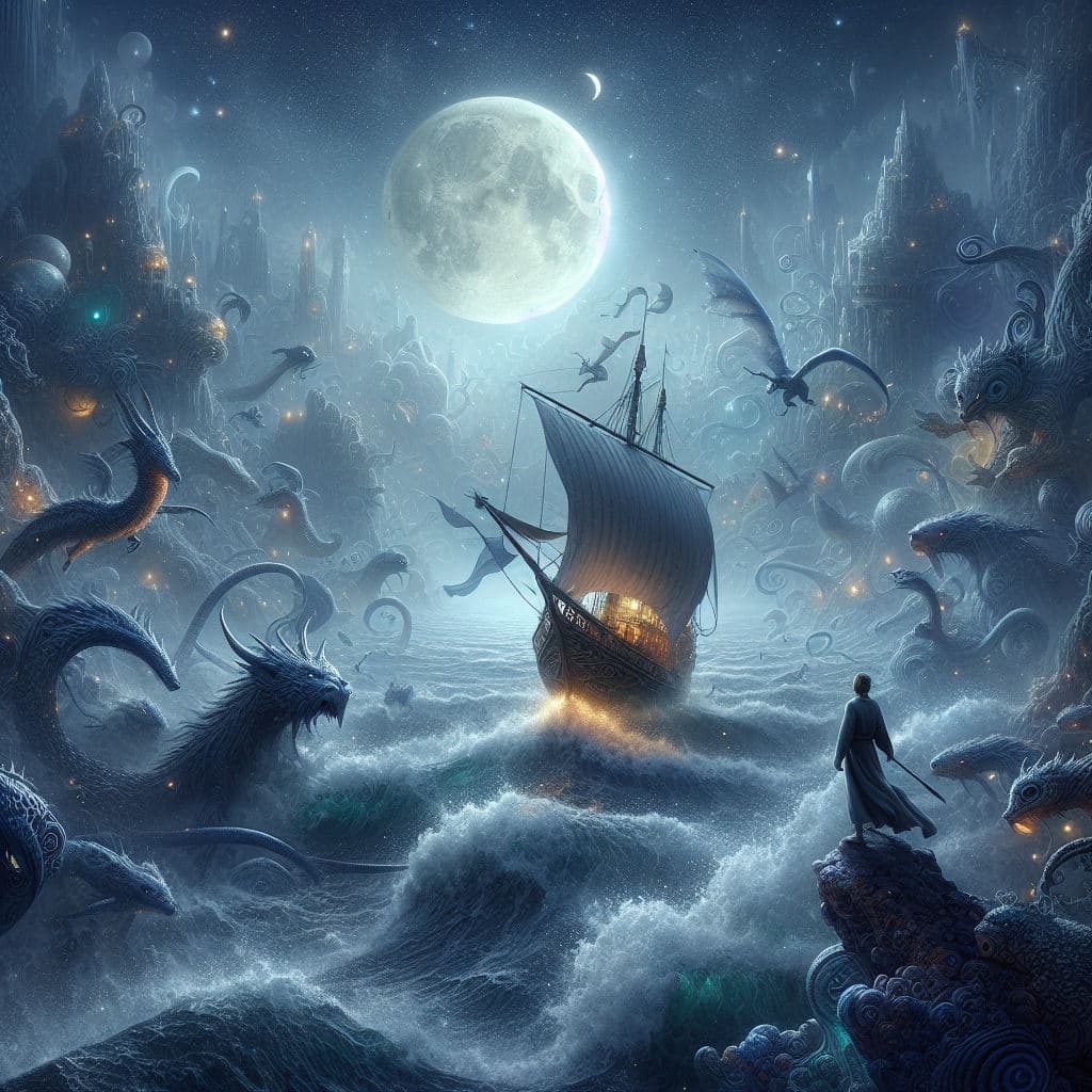 AI generated: On a moonlit, mystical sea, Sinbad the Sailor navigates treacherous waters, his ship surrounded by m...