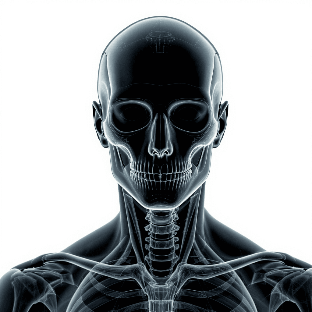AI generated: the face of a humanlike android, in the style of x-ray film, male
 body, dark cyan and black, grace...