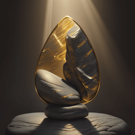 AI generated: new art : a teardrop-shaped treasure on a rock altar with a dark background.  satara by johnny taylo...