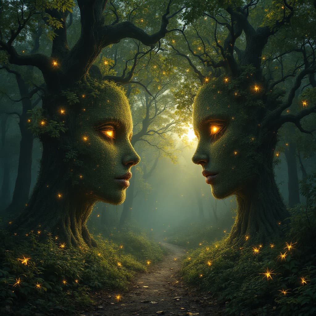 AI generated: 7.	a living forest where the trees have human faces, golden hour lighting, glowing insects and fog -...