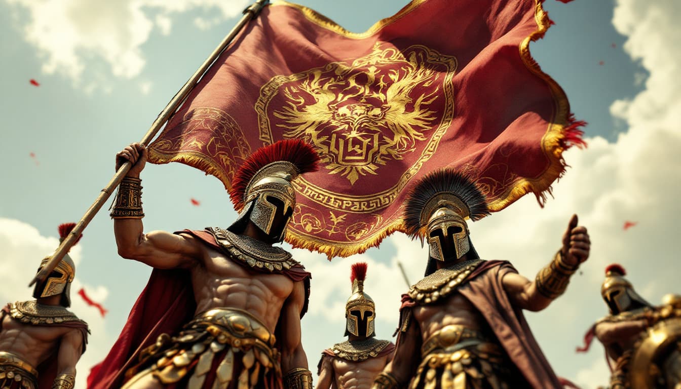 AI generated: Ultra-realistic .	Low-angle shot of the warriors raising the Parseh banner. [Warriors: Achaemenid Pe...