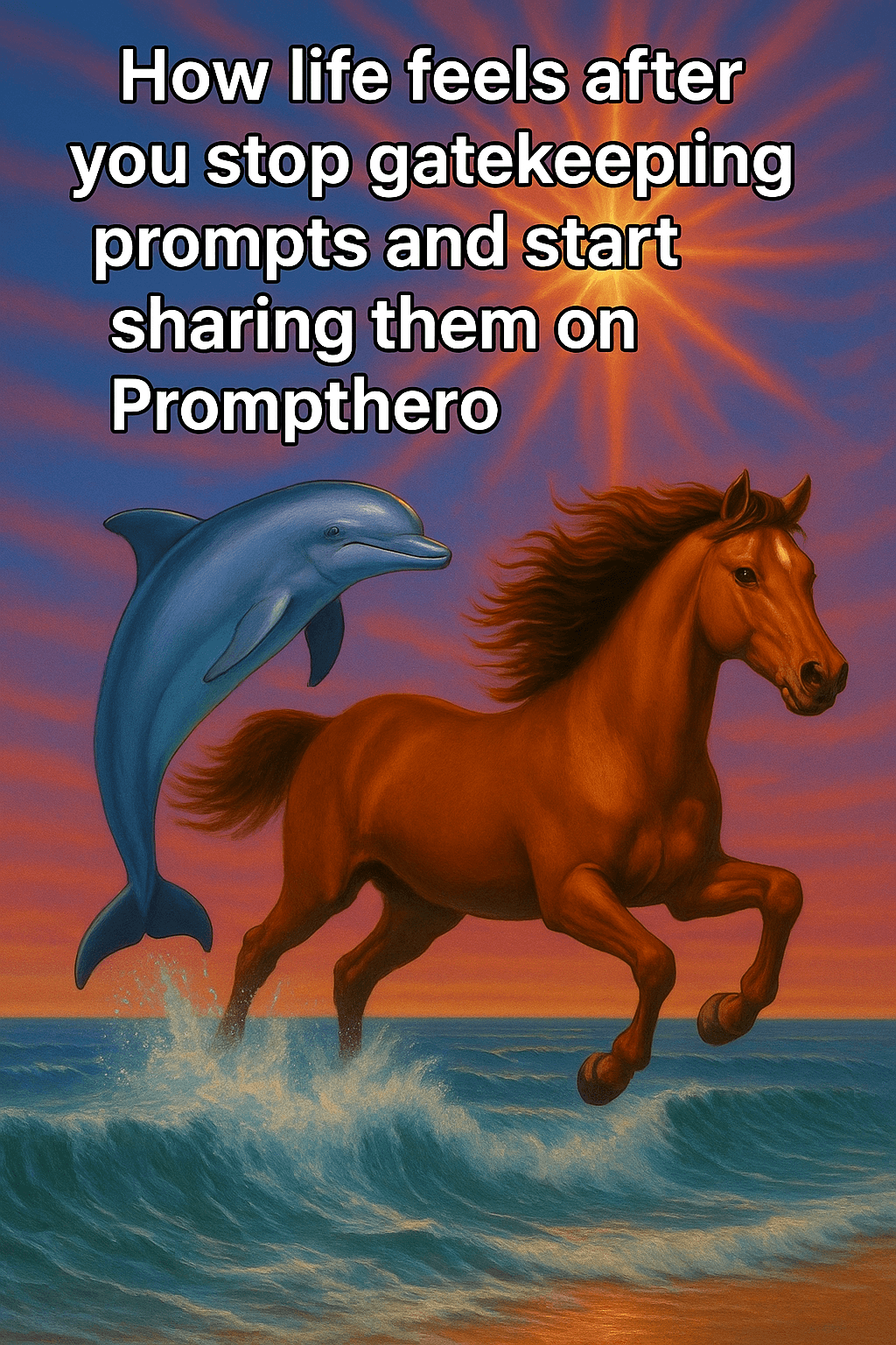 AI generated: A surreal, joyful scene featuring a brown horse galloping through ocean waves with a dolphin leaping...