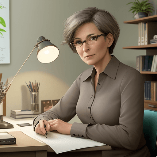 AI generated: hyper realistic photo, elegant 45-year-old woman sitting at her desk in her personal office, very sh...
