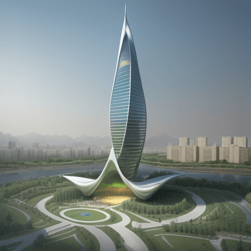 AI generated: High realistic twin tower, Tajikstan, green centeral garden,flame movement, BIG, Zaha Hadid, Norman ...