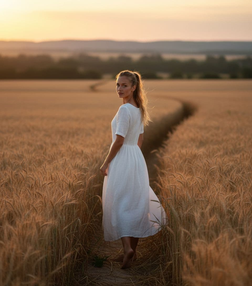AI generated: A woman, with sun-kissed blonde hair and a thoughtful expression, pauses on a dirt path in an expans...