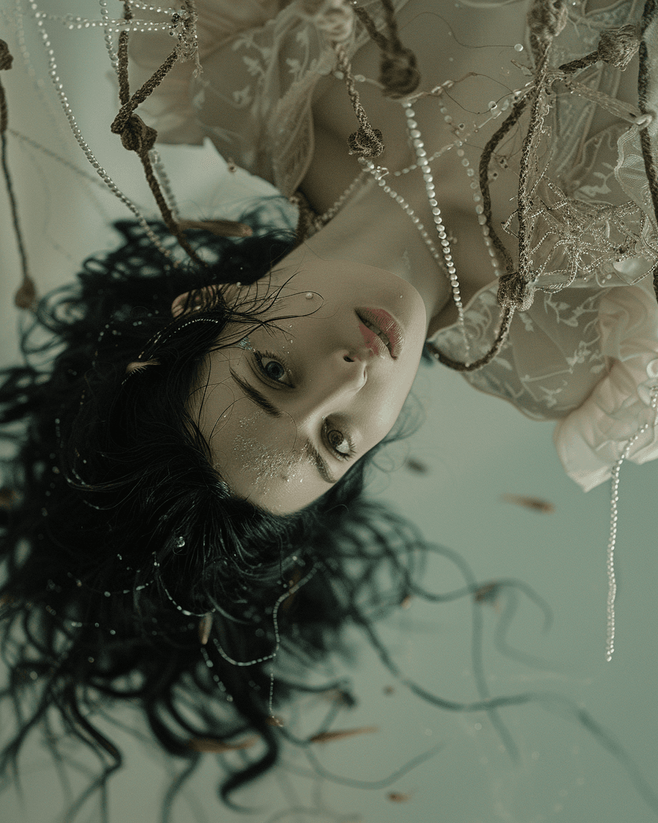 AI generated: A pale woman with black hair is suspended upside down in the air in an elaborate net of fishing nets...