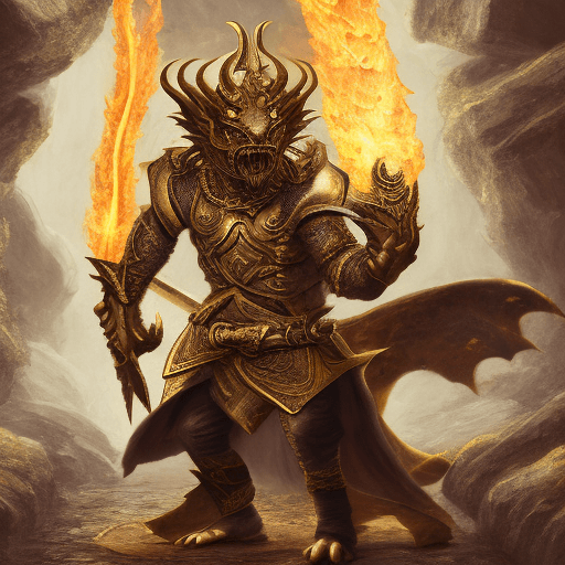 AI generated: A fire gold dragonborn spitting fire and holding a glaive in his hand