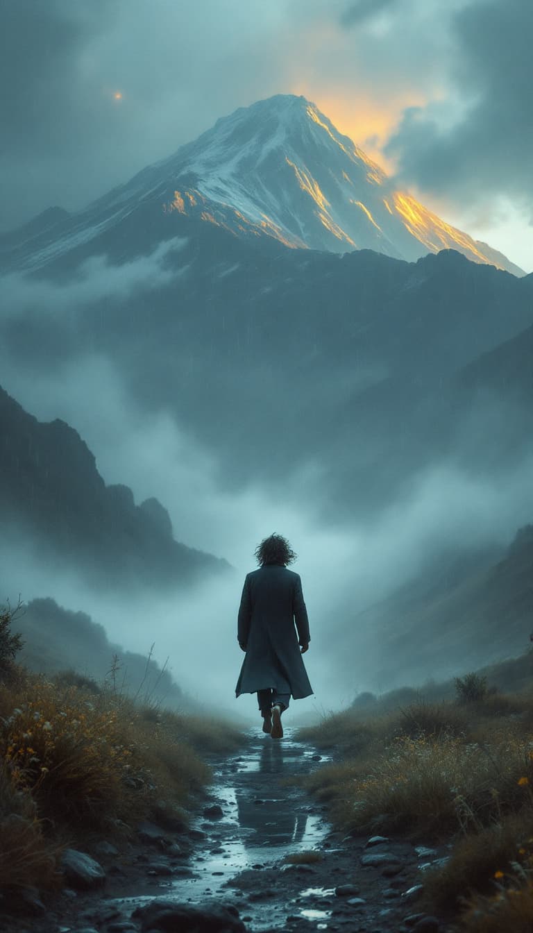 AI generated: The man in a long dark gray coat and barefoot walks through a rainy paradise. His disheveled hair sw...