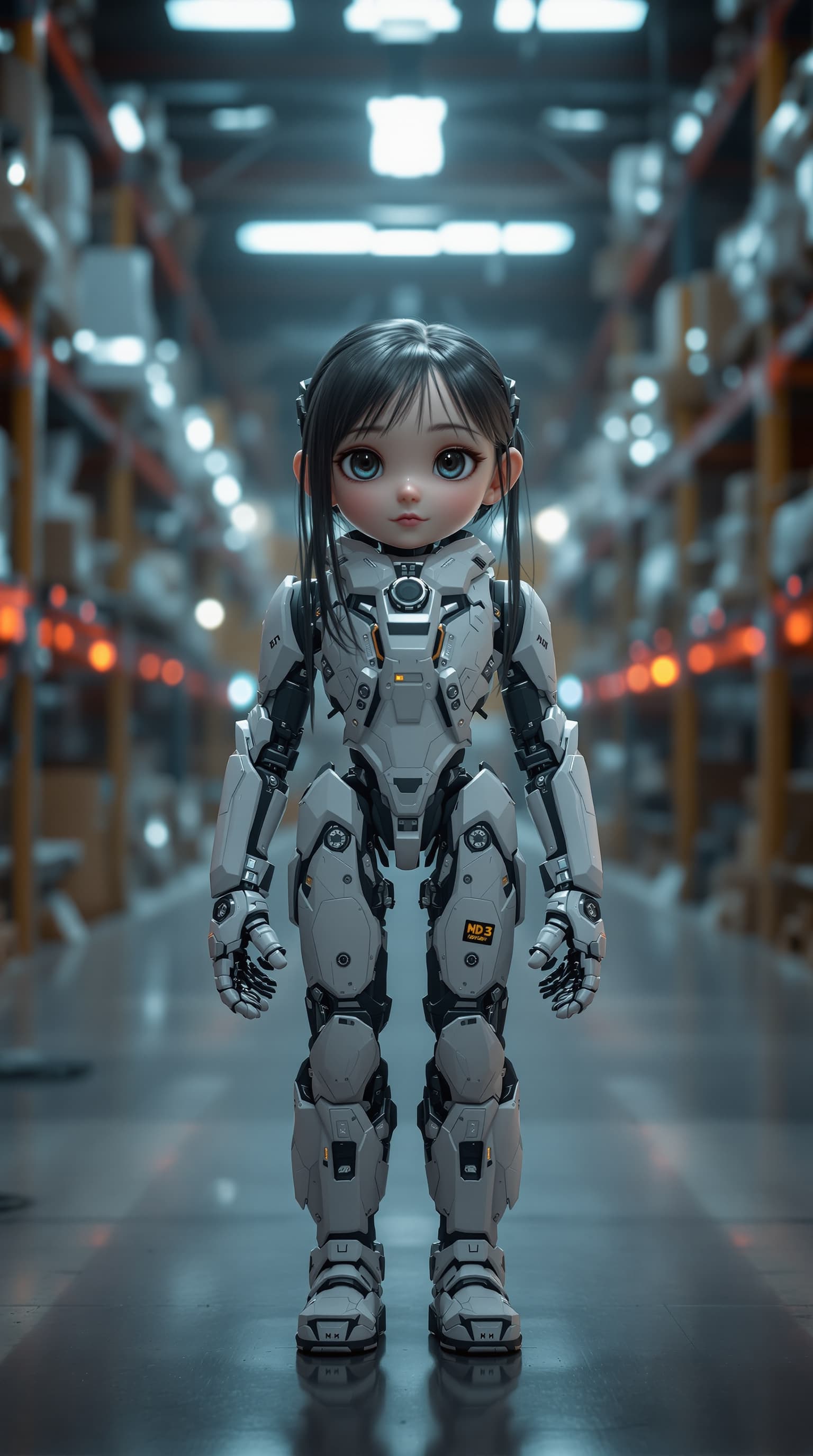 AI generated: A hyper-realistic depiction of a eight year old android of Celine Tam, standing in a android parts w...