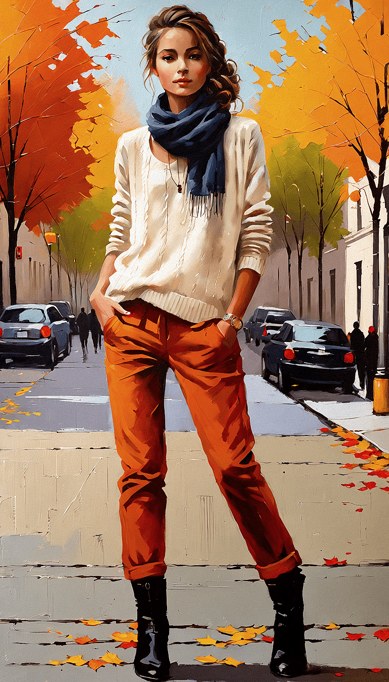 AI generated: A painting of a young woman stands poised on a sidewalk; her attire is a study in autumnal harmony, ...