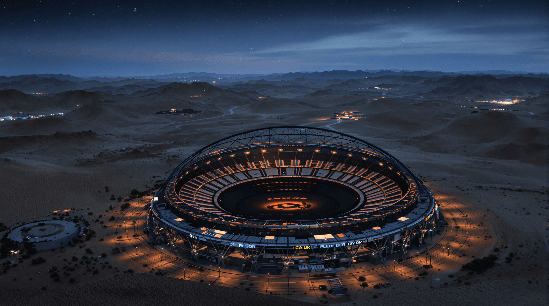 AI generated: Imagine you're  hovering over a dessert by night, below you can see a old, blacked out concert arena...
