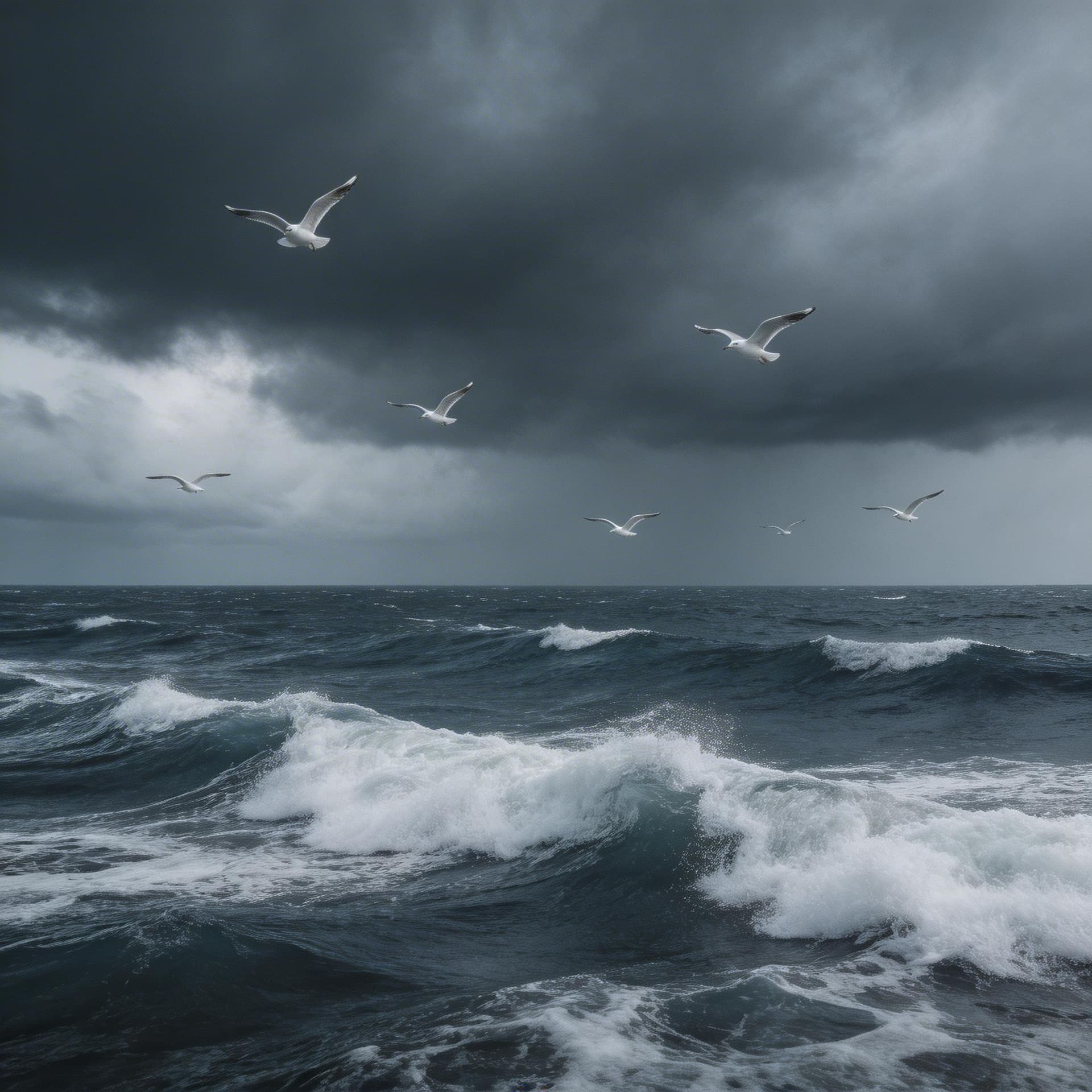AI generated: Seagulls flying over a stormy sea