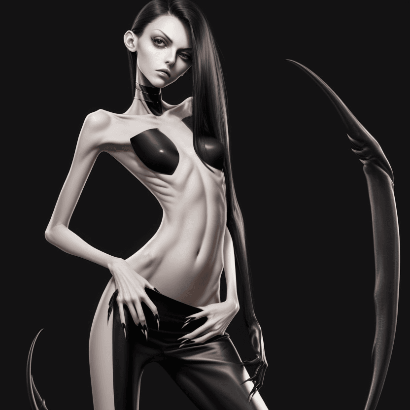 AI generated: photo of face an extremely skinny, flat-chested model with long black curved fingernails, claws, ver...