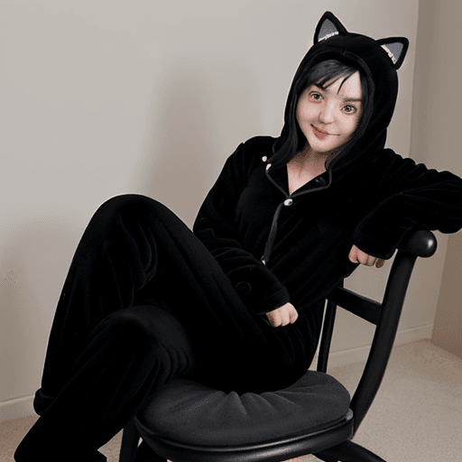 AI generated: black haired girl wearing black kigurumi onesie pajamas, black cat slippers, and black mittens, sitt...