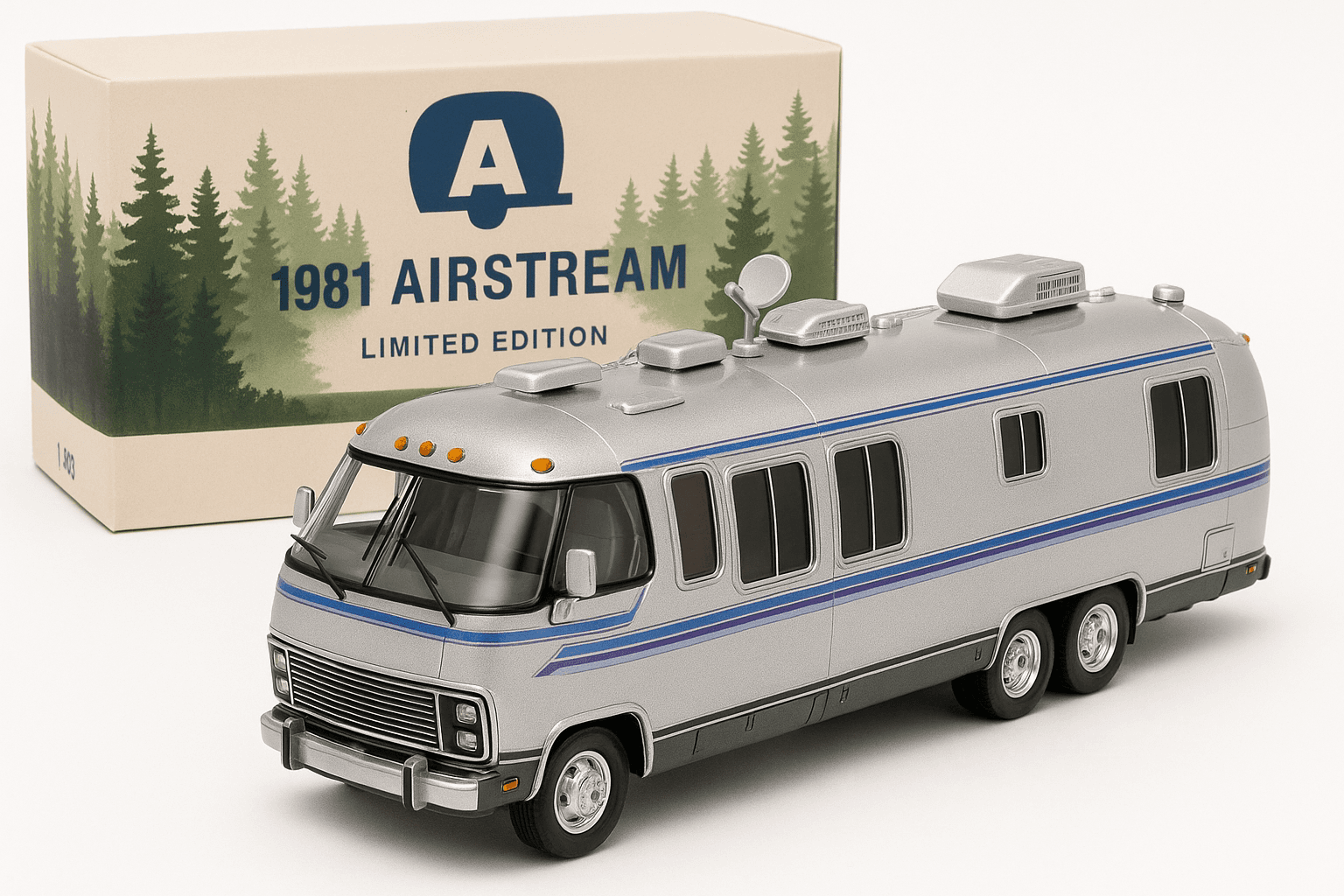 AI generated: A highly detailed, 1:43 scale die-cast model of a 1981 Airstream motorhome, silver body with subtle ...