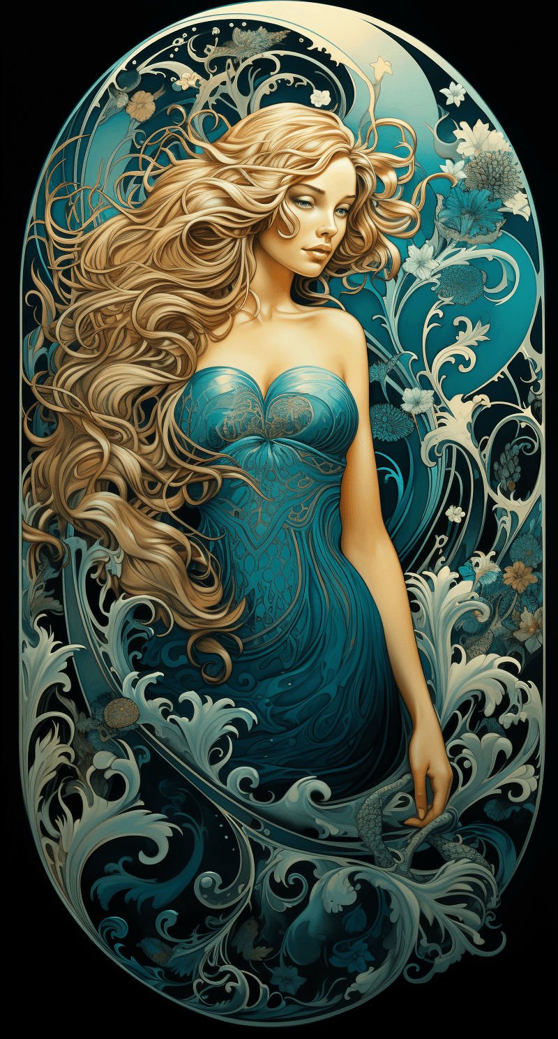 AI generated: a beautiful blonde woman in a bikini holding a surfboard, in the style of light teal and dark bronze...
